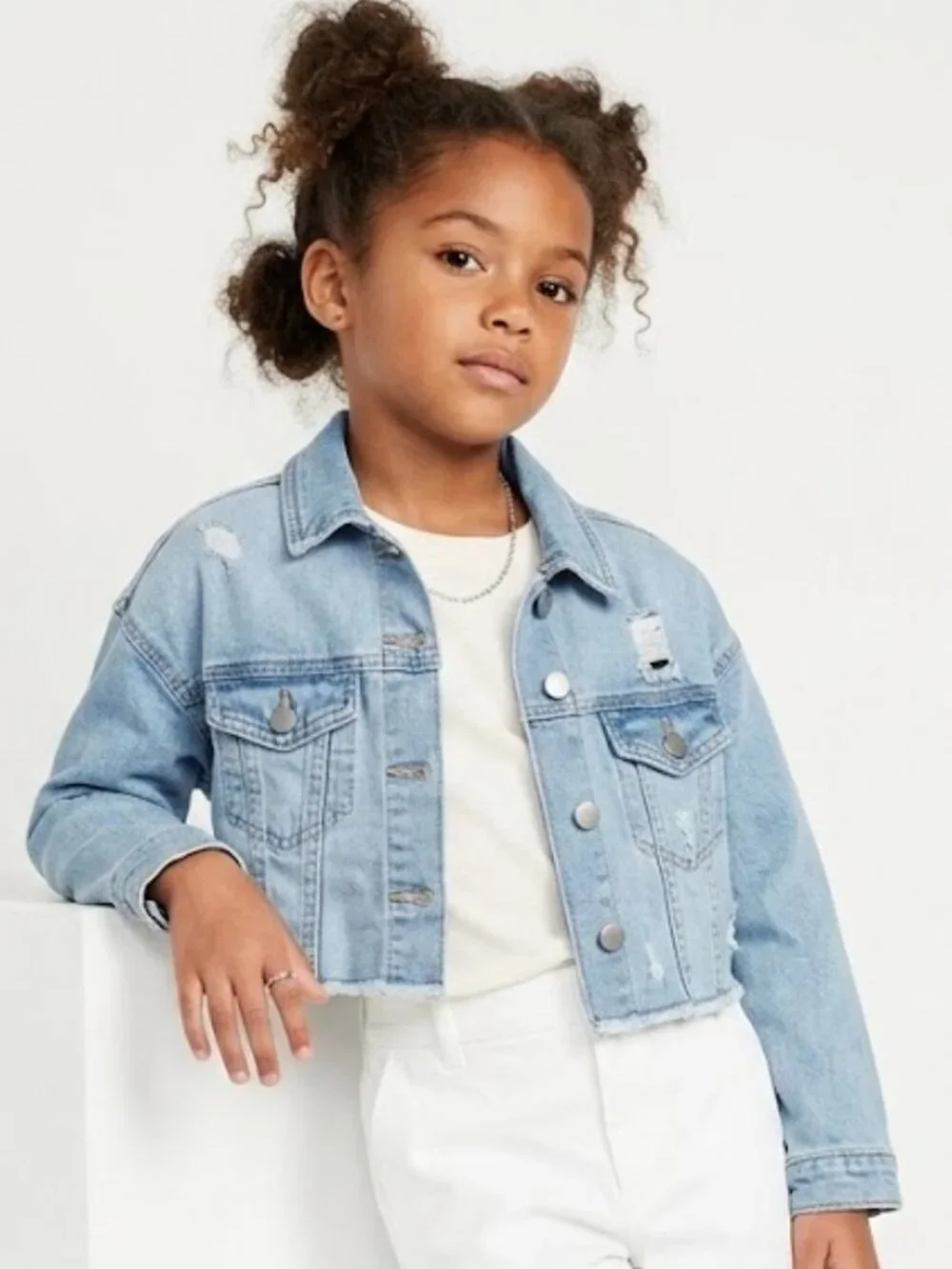 Wonder Nation Cropped Raw Hem Denim Jacket Distressed Blue Girls S 6-6X